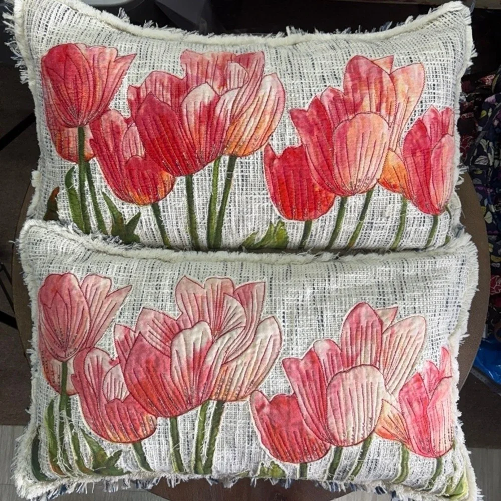 Floral Throw Pillows Cotton Embroidered 24 X 16